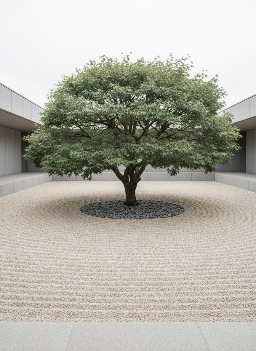 A perfectly pruned Japanese maple tree with delicate, layered leaves in cool green hues stands as the sculptural centerpiece of a minimalist estate garden. The tree is anchored within a shallow, circular bed of smooth grey pebbles, surrounded by an expanse of fine-grained, pale gravel meticulously raked into subtle, concentric patterns. Flanking the space, low concrete walls in soft dove gray create subtle architectural lines. Diffused overcast light softly envelops the scene, enhancing the tree’s intricate branch structure while creating gentle gradients and muted reflections on the gravel and stone surfaces. Captured from a low, slightly off-center angle, the composition uses negative space and elegant framing to accentuate restraint and serenity. The style remains ultra-refined and cinematic, visually echoing high-end minimalist landscaping as envisioned by BLADE.