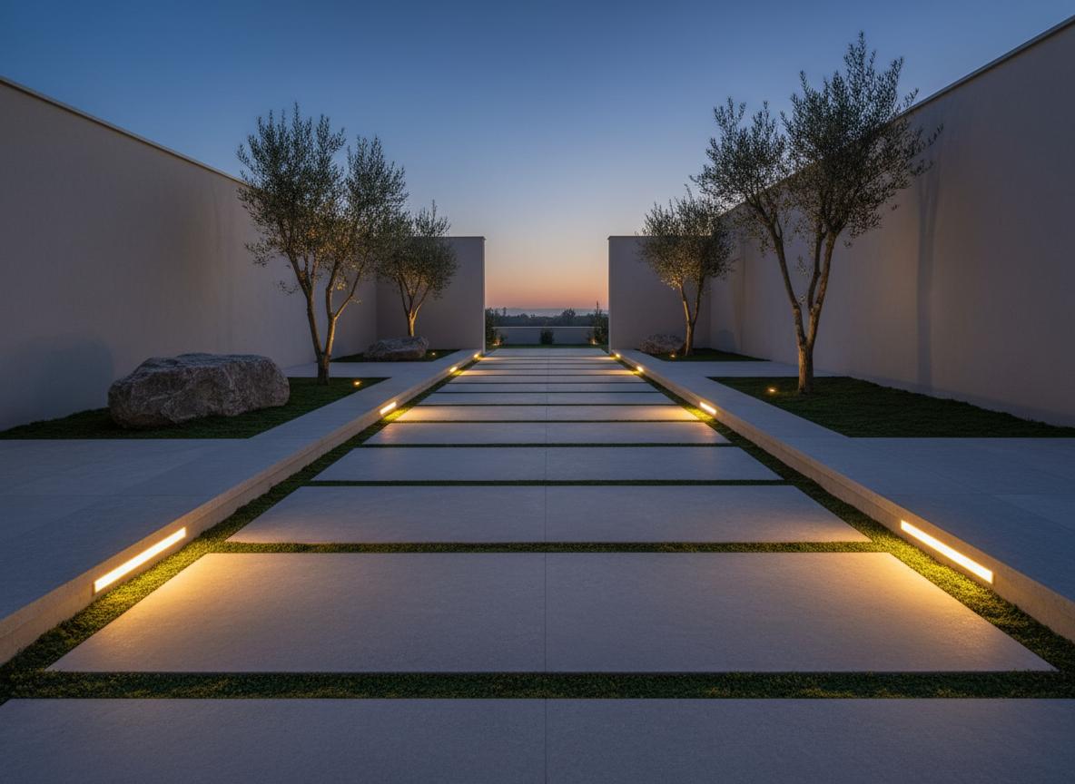 A bespoke stone pathway featuring large, squared slabs of lightly textured dove-grey limestone, precisely spaced over a velvety, deep green moss ground cover. Minimalist, in-ground LED lighting lines the pathway, embedded flush at eye level to provide soft, directional pools of light that emphasize the clean geometry of the stones at twilight. The surrounding landscape is deliberately sparse, with isolated architectural boulders and a few slender, multi-trunked olive trees against a neutral perimeter wall. The mood is contemplative and quietly luxurious, with a strong cinematic composition employing leading lines and a shallow depth of field to draw the eye along the pathway. Muted, harmonious tones and elegant simplicity evoke BLADE’s sophisticated signature style, making the image a quintessential representation for a high-end landscaping site.