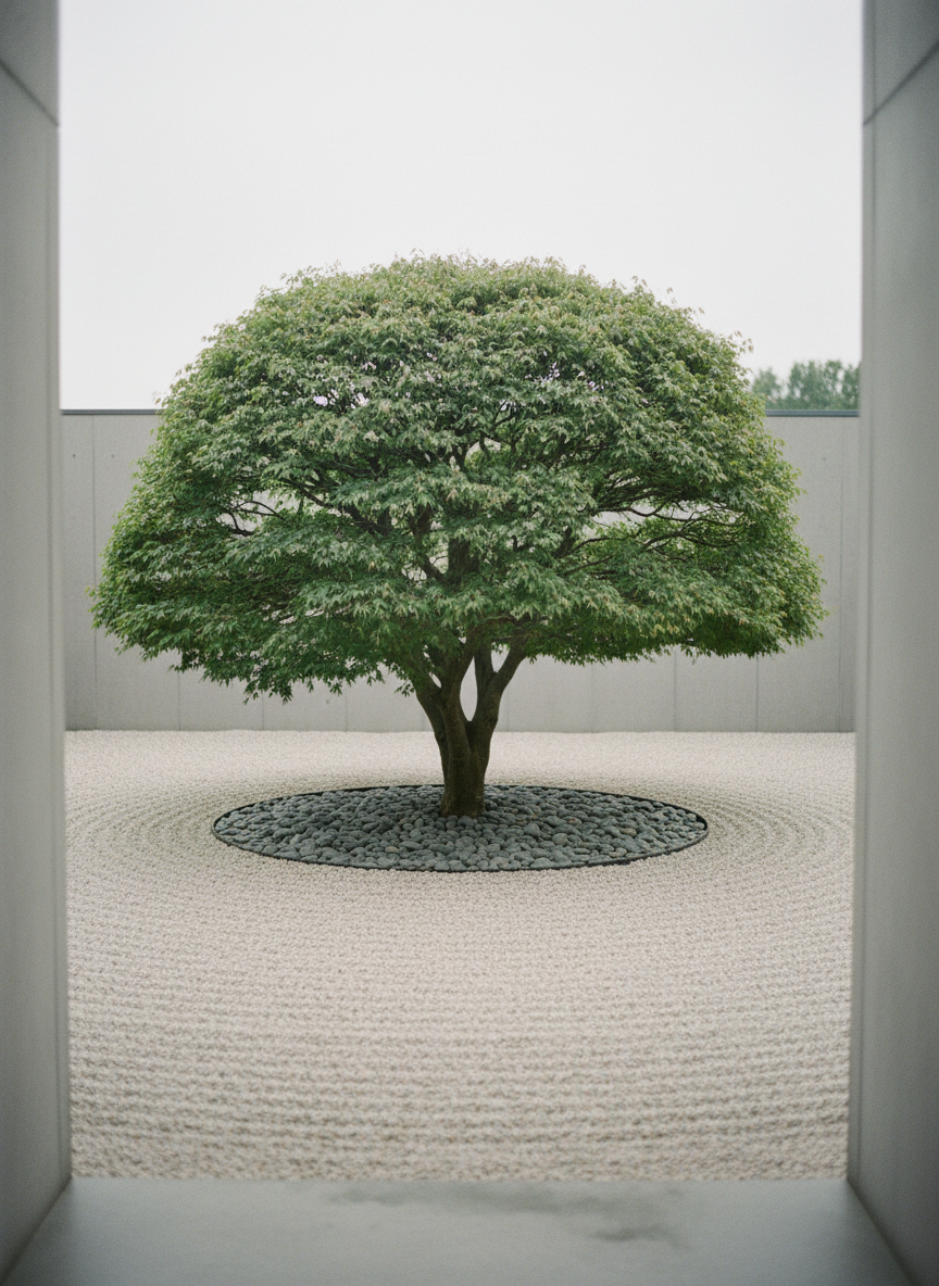 A perfectly pruned Japanese maple tree with delicate, layered leaves in cool green hues stands as the sculptural centerpiece of a minimalist estate garden. The tree is anchored within a shallow, circular bed of smooth grey pebbles, surrounded by an expanse of fine-grained, pale gravel meticulously raked into subtle, concentric patterns. Flanking the space, low concrete walls in soft dove gray create subtle architectural lines. Diffused overcast light softly envelops the scene, enhancing the tree’s intricate branch structure while creating gentle gradients and muted reflections on the gravel and stone surfaces. Captured from a low, slightly off-center angle, the composition uses negative space and elegant framing to accentuate restraint and serenity. The style remains ultra-refined and cinematic, visually echoing high-end minimalist landscaping as envisioned by BLADE.