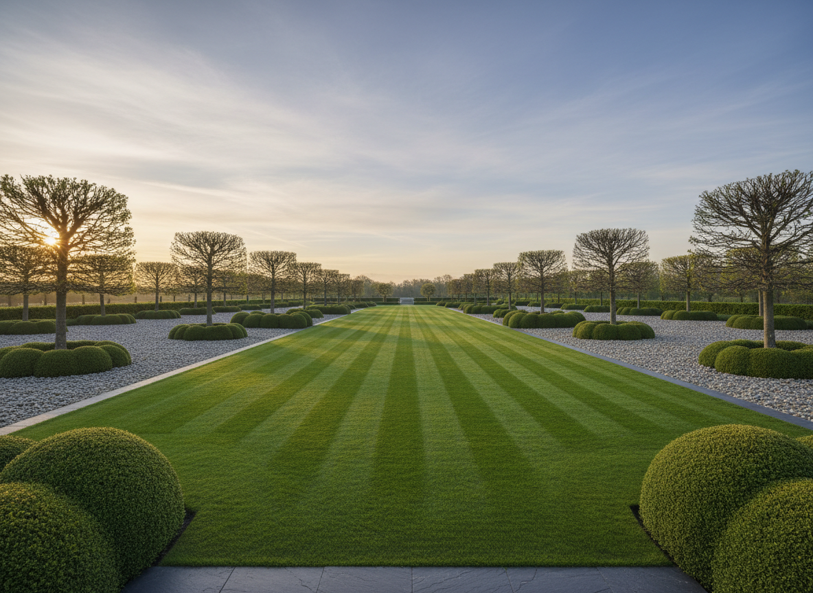 An immaculate, emerald-green lawn with meticulously striped mowing patterns forms the central focus, its grass blades appearing uniformly trimmed and lush. This pristine expanse is bordered by understated charcoal slate edging and minimalist, manicured low boxwood hedges. The setting is an expansive private estate garden with evenly spaced, sculptural trees along the periphery, beneath which smooth river stones form muted gravel beds. Gentle early morning light bathes the scene, creating soft highlights across the grass while casting gentle, elongated shadows from the hedges. The mood exudes sophistication and calm, with a cinematic, wide-angle composition that captures the scale and refinement. The imagery features a muted color palette, subtle gradients in the sky, and minimalist elegance, perfectly embodying high-end landscaping ideals for a premium company site.