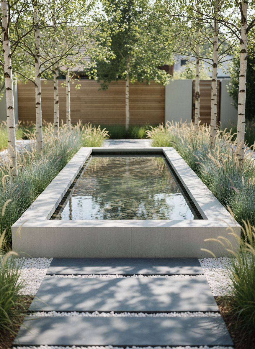 An elegant modern water feature composed of a rectangular, polished concrete basin with crystal-clear water is centrally placed within a minimalist courtyard garden. Surrounding the basin are slender, upright ornamental grasses in soft green and silvery tones, paired with precisely spaced flat slate stepping stones that float over fine white gravel. Overhead, gentle midday sunlight filters through a sparse canopy of young, straight-trunked birch trees, creating subtle dappling across the water’s surface and casting tranquil, soft-edged reflections. The atmosphere is tranquil and contemplative, with a centered, eye-level framing and shallow depth of field that renders the feature in sharp detail against a softly blurred, refined background. The visual approach is cinematic and minimalist, with an emphasis on clean lines, understated luxury, and serene, harmonious design—reflecting the elevated outdoor aesthetic of BLADE.