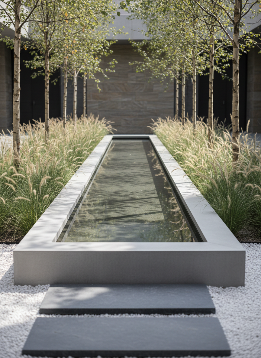 An elegant modern water feature composed of a rectangular, polished concrete basin with crystal-clear water is centrally placed within a minimalist courtyard garden. Surrounding the basin are slender, upright ornamental grasses in soft green and silvery tones, paired with precisely spaced flat slate stepping stones that float over fine white gravel. Overhead, gentle midday sunlight filters through a sparse canopy of young, straight-trunked birch trees, creating subtle dappling across the water’s surface and casting tranquil, soft-edged reflections. The atmosphere is tranquil and contemplative, with a centered, eye-level framing and shallow depth of field that renders the feature in sharp detail against a softly blurred, refined background. The visual approach is cinematic and minimalist, with an emphasis on clean lines, understated luxury, and serene, harmonious design—reflecting the elevated outdoor aesthetic of BLADE.