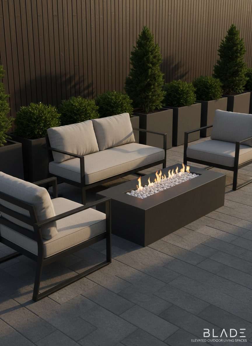 A refined outdoor seating area featuring low-profile, matte black metal lounge furniture with pale stone-colored cushions, set atop large-format charcoal pavers. The arrangement is precisely positioned beside an angular, linear gas fire pit with a trough of smooth white river stones. Minimalist evergreen shrubs in geometric planters line the rear, extending along a privacy wall clad in vertical dark wood slats. Late afternoon sunlight casts long, soft shadows and gentle highlights across the textured pavers and cushions, enhancing tactile details. The scene is shot from a slightly elevated, three-quarters angle, balancing warmth and formality with cinematic clarity and a subdued, harmonious palette. The composition and mood communicate understated sophistication, ideal for showcasing BLADE’s commitment to elevated outdoor living spaces.